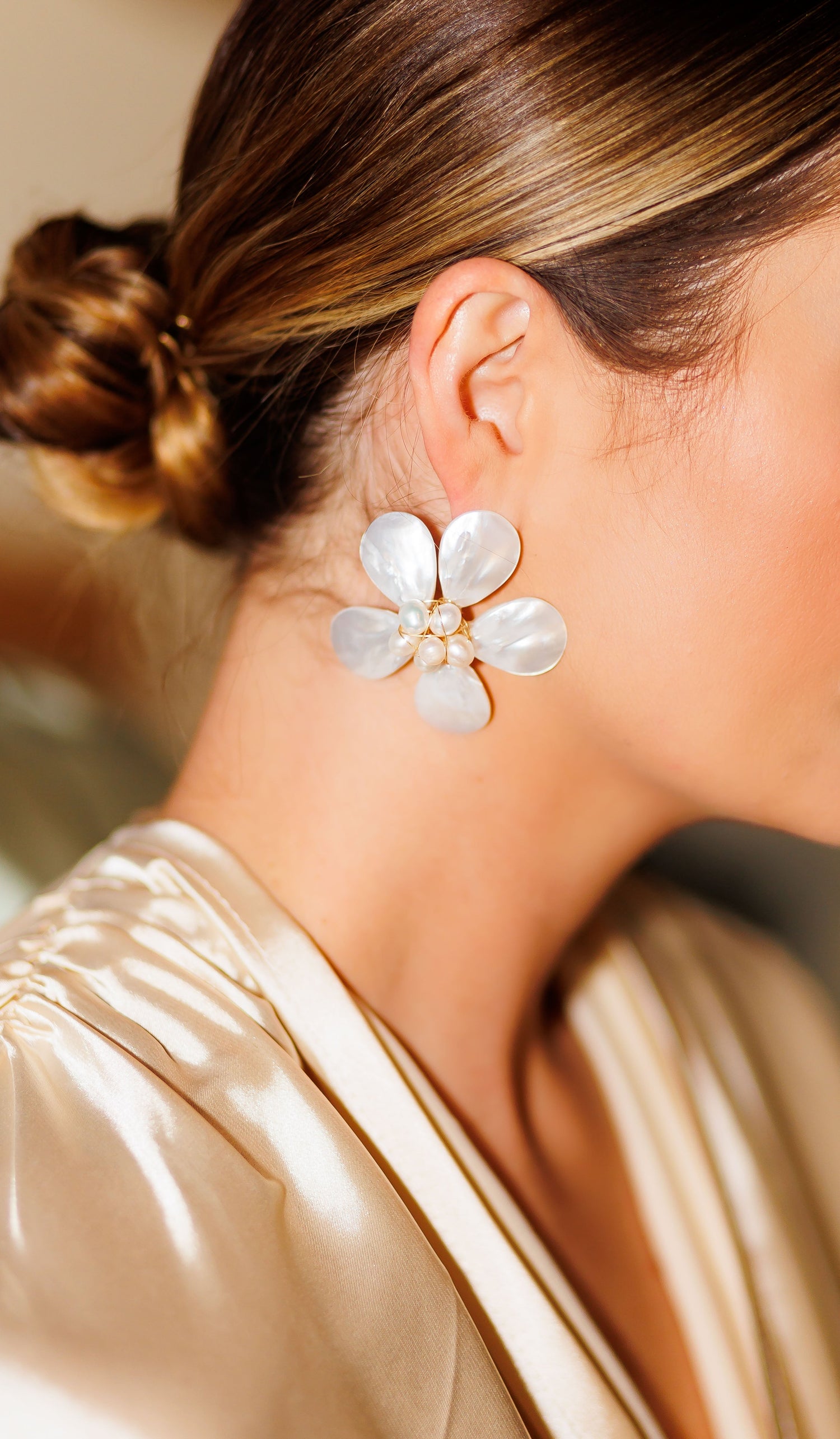 Bridal magnolia stud earrings with white pearl flower petals