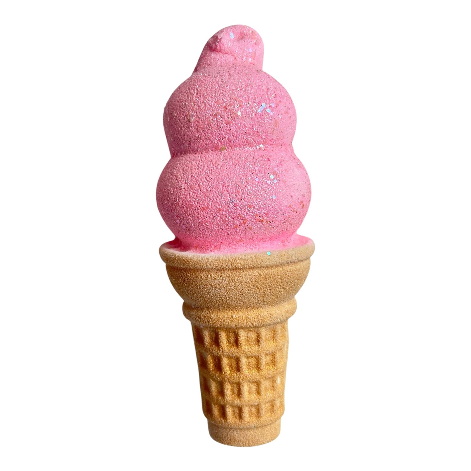 Pink ice cream cone-shaped bath bomb with glittery three-layer scoop