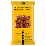 Yellow Almond Love flavored protein bar wrapper with chocolate chunks and almond pieces