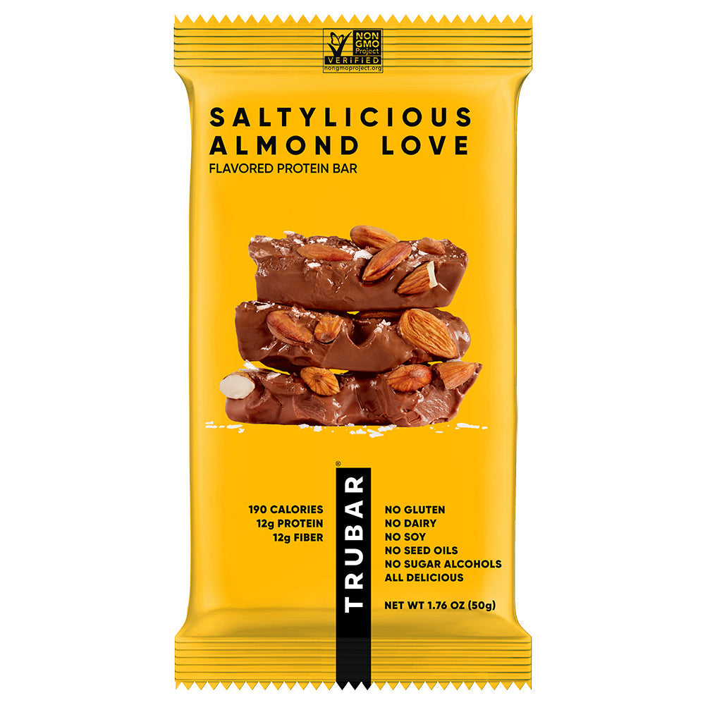 Yellow Almond Love flavored protein bar wrapper with chocolate chunks and almond pieces