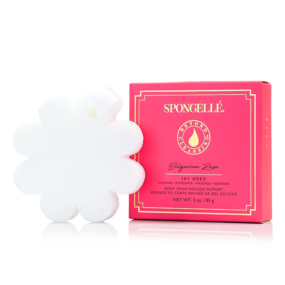White flower-shaped sponge and pink Bulgarian Rose boxed cleansing bar