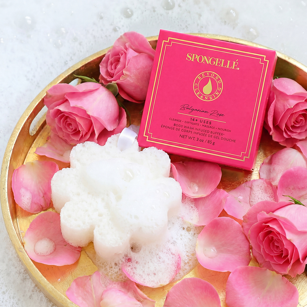 White flower sponge with pink roses and pink Bulgarian Rose boxed cleansing bar