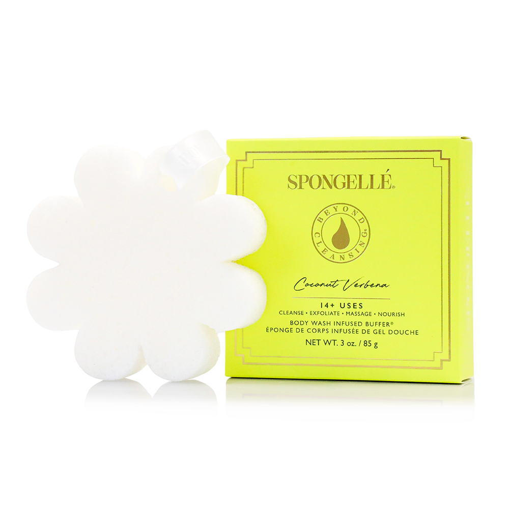 Flower-shaped bath sponge with Coconut Verbena box