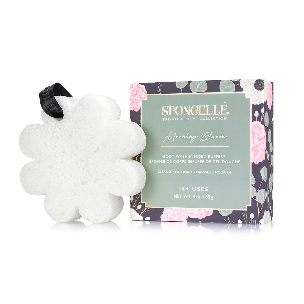 Morning Bloom boxed body wash infused buffer with flower-shaped sponge