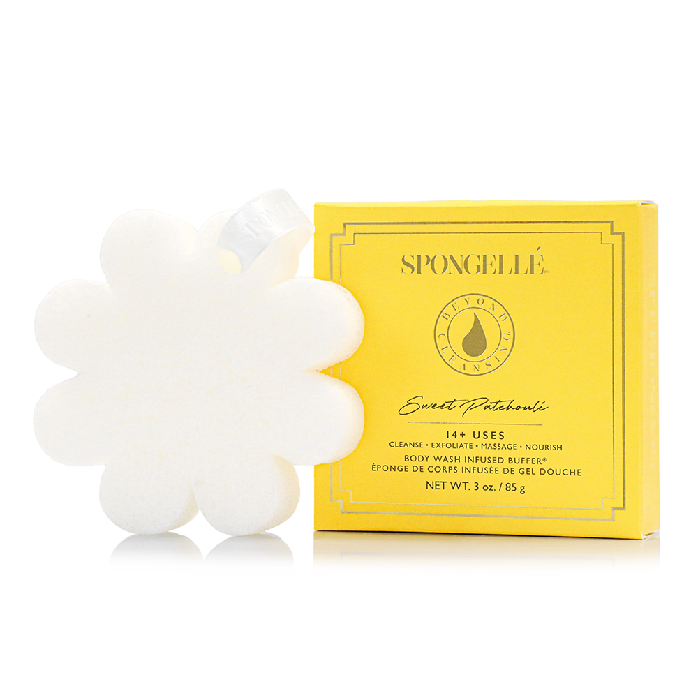 Flower-shaped body cleansing sponge with boxed Sweet Patchouli scent