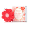 Red flower-shaped exfoliating body wash sponge buffer with boxed product packaging.