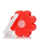 Red flower-shaped exfoliating body wash sponge buffer with gray label ribbon.