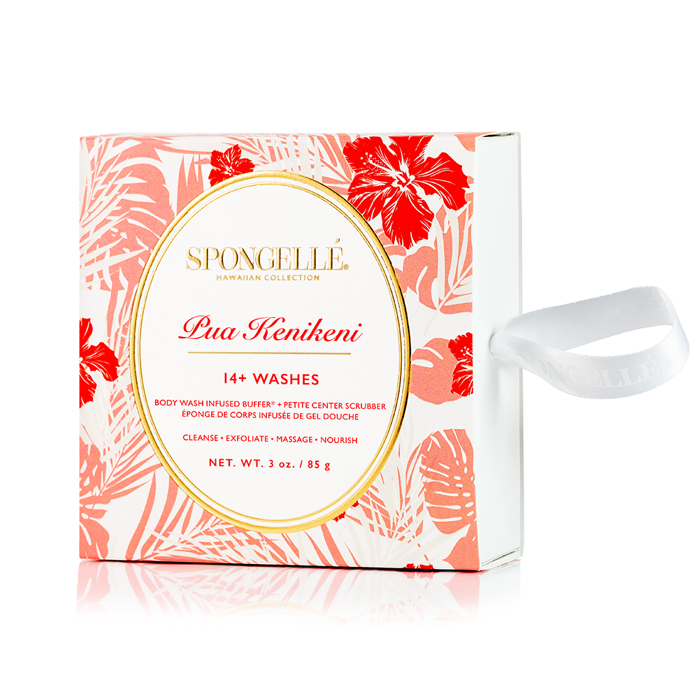 Boxed body wash sponge buffer with flower-shaped exfoliating pad and gray pull tab.