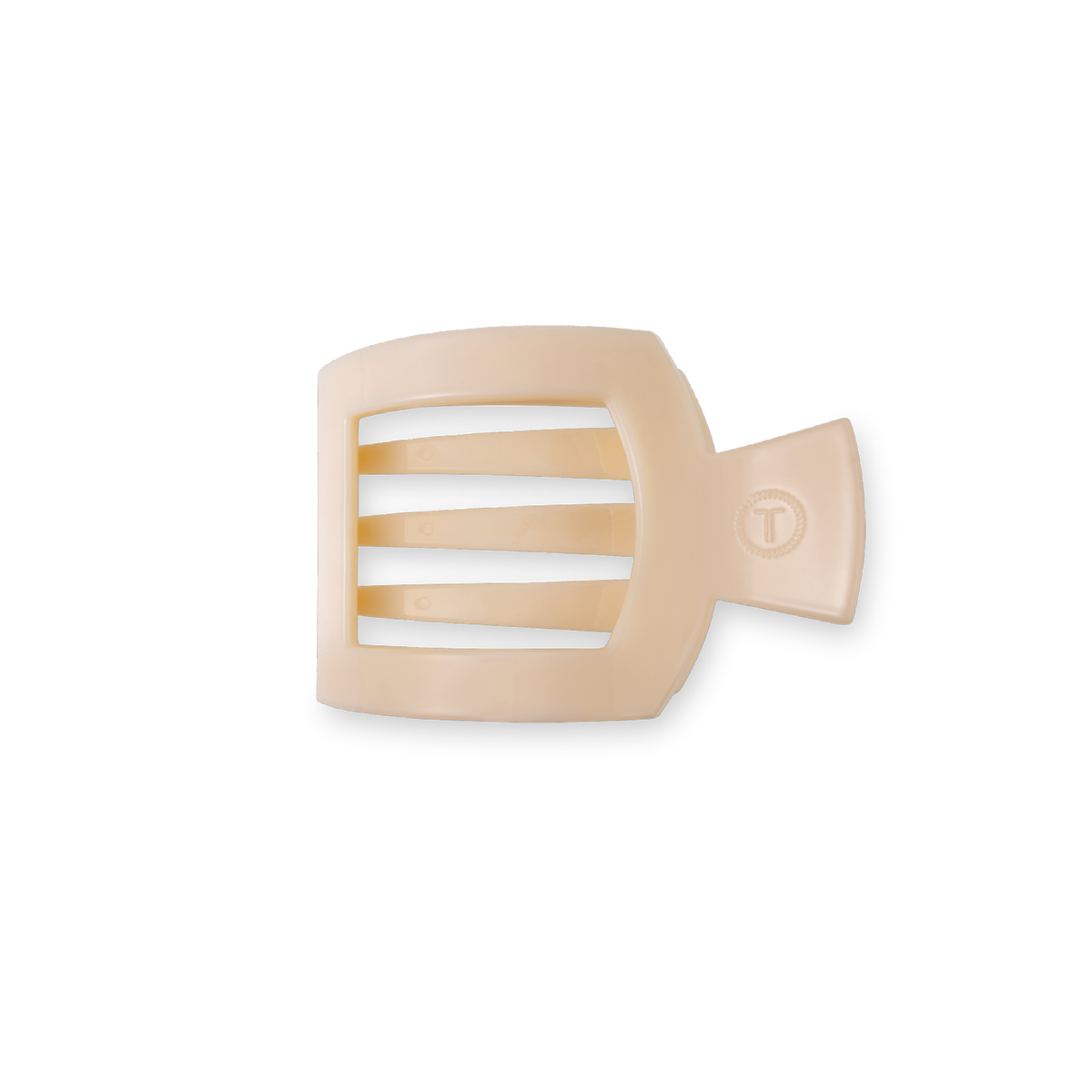 Almond beige small flat square hair clip with black stripe cutouts and logo