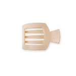 Almond beige small flat square hair clip with black stripe cutouts and logo