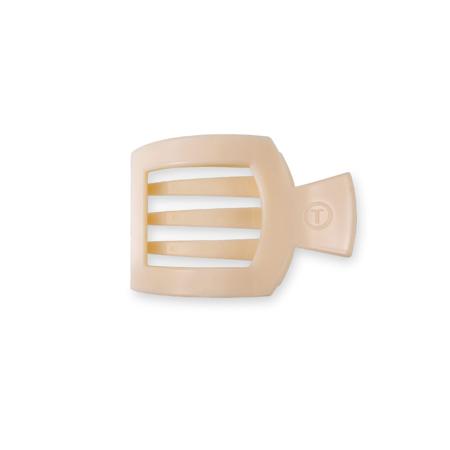 Almond beige small flat square hair clip with black stripe cutouts and logo