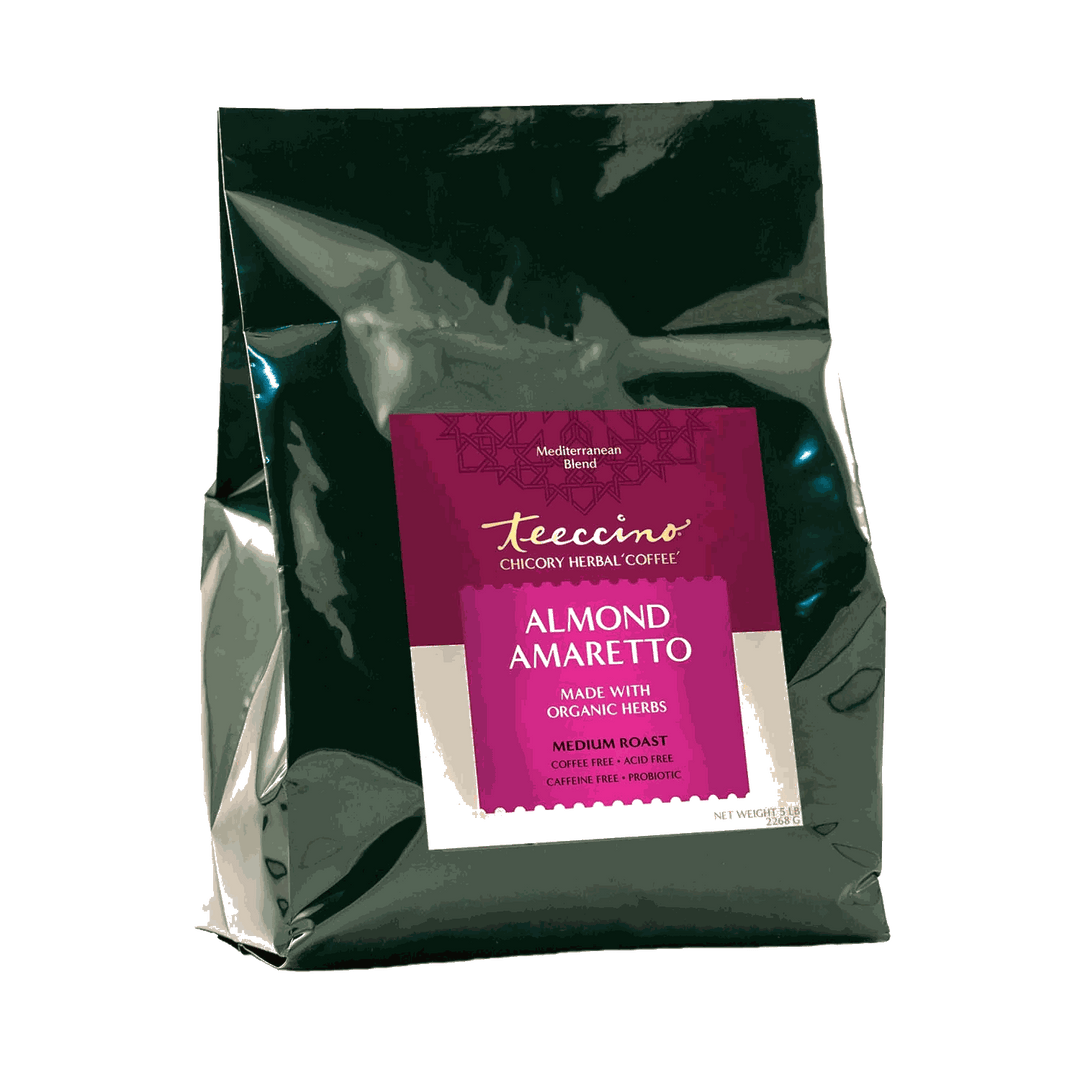 Almond amaretto chicory herbal coffee pouch with front label