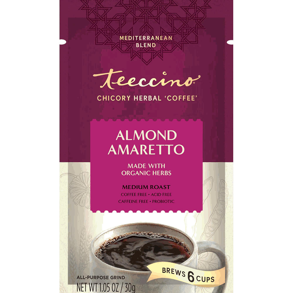 Almond amaretto chicory herbal coffee pouch front with brewed-cup graphic