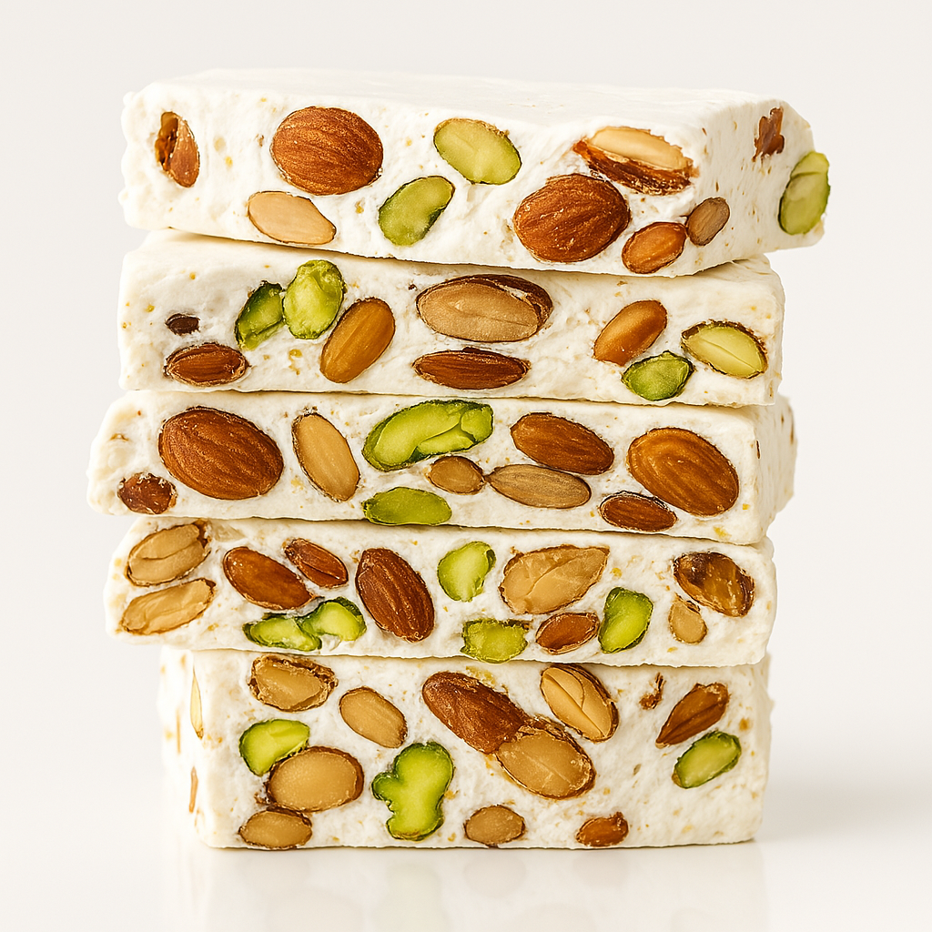 Gluten-free mixed nut soft nougat brittle bars, white with green and brown nut pieces