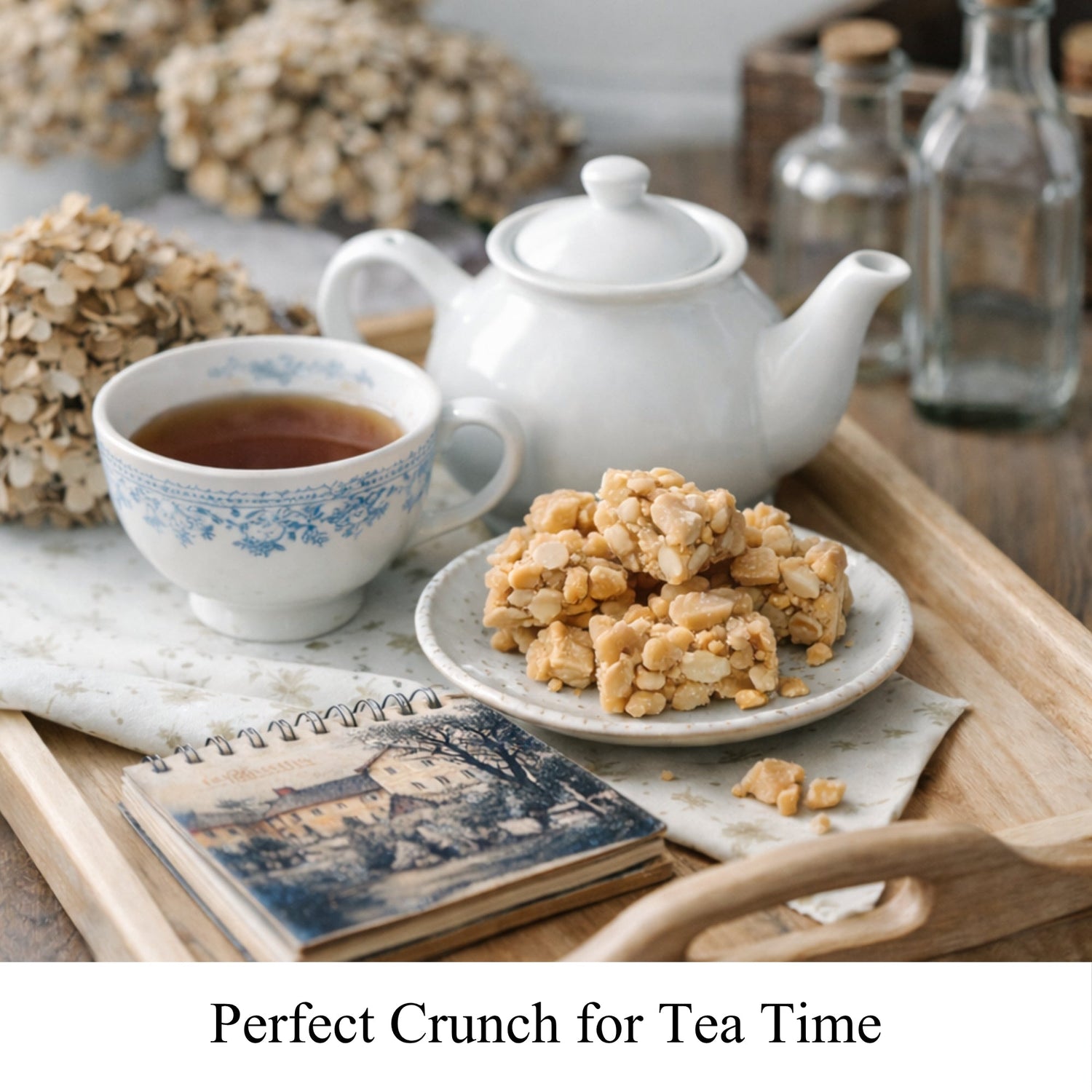 Peanut brittle cluster on a plate with surrounding bite-size pieces