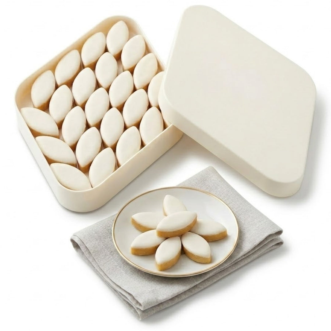 Assorted almond paste calissons in a cream gift box, with sliced pieces on a cloth