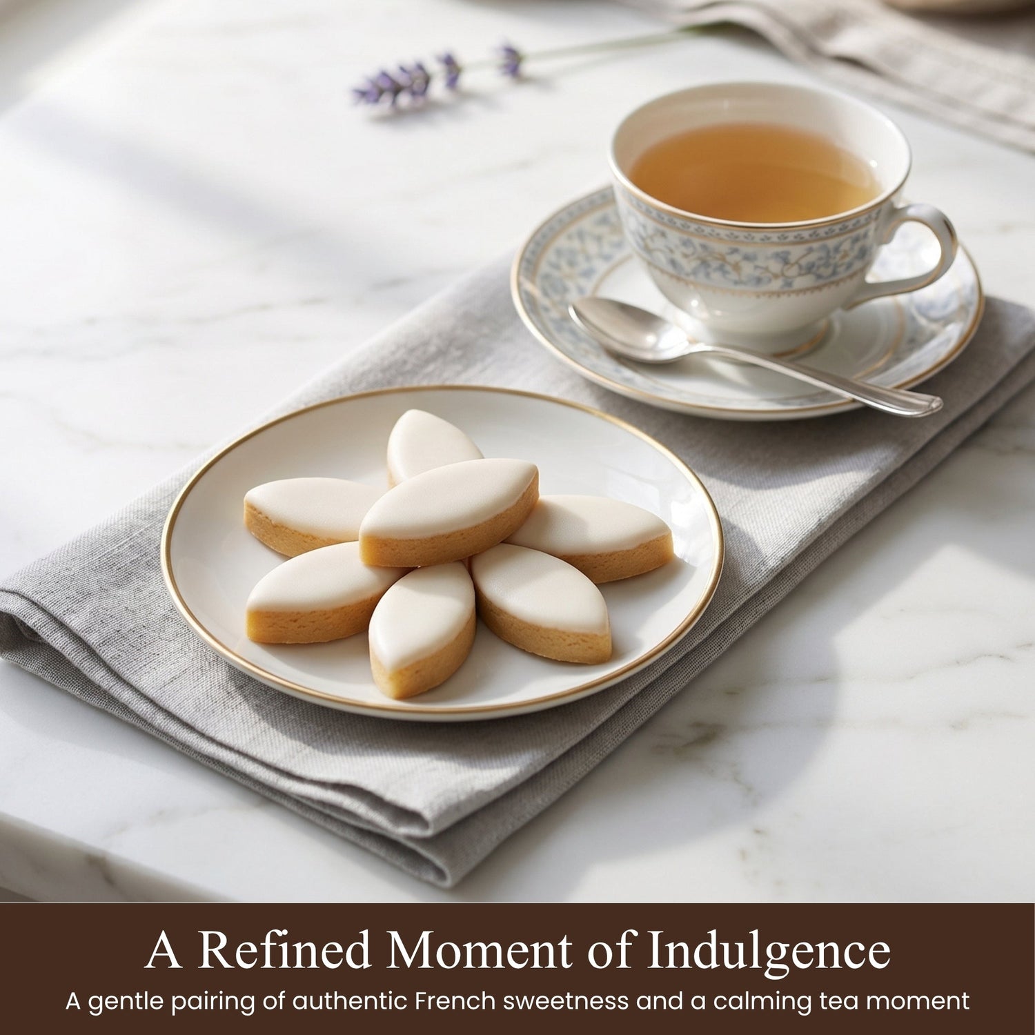Almond paste calissons on a small plate, with a cup of tea nearby