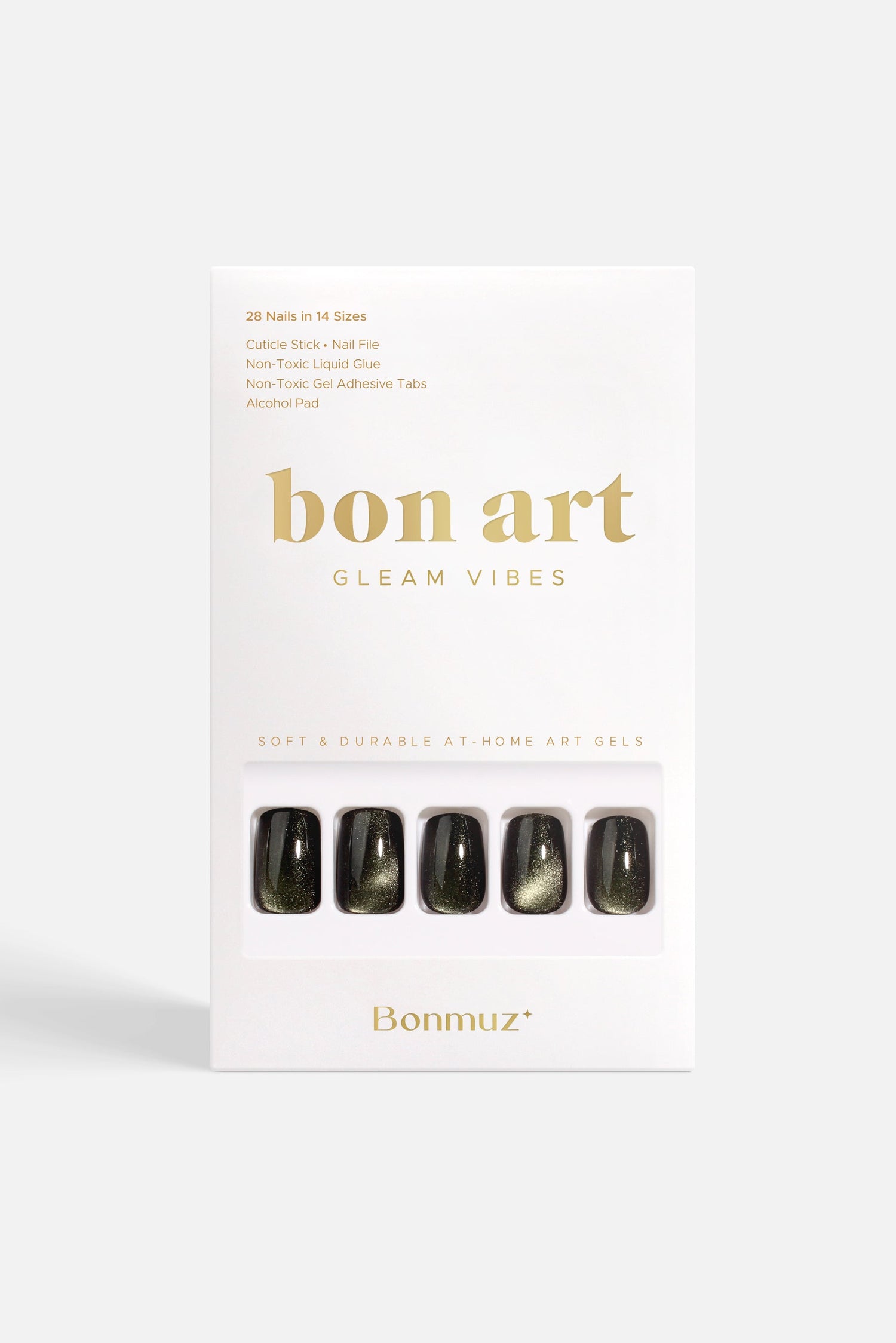 Press-on nail set with dark olive-green and black glitter quartz finish, boxed pack