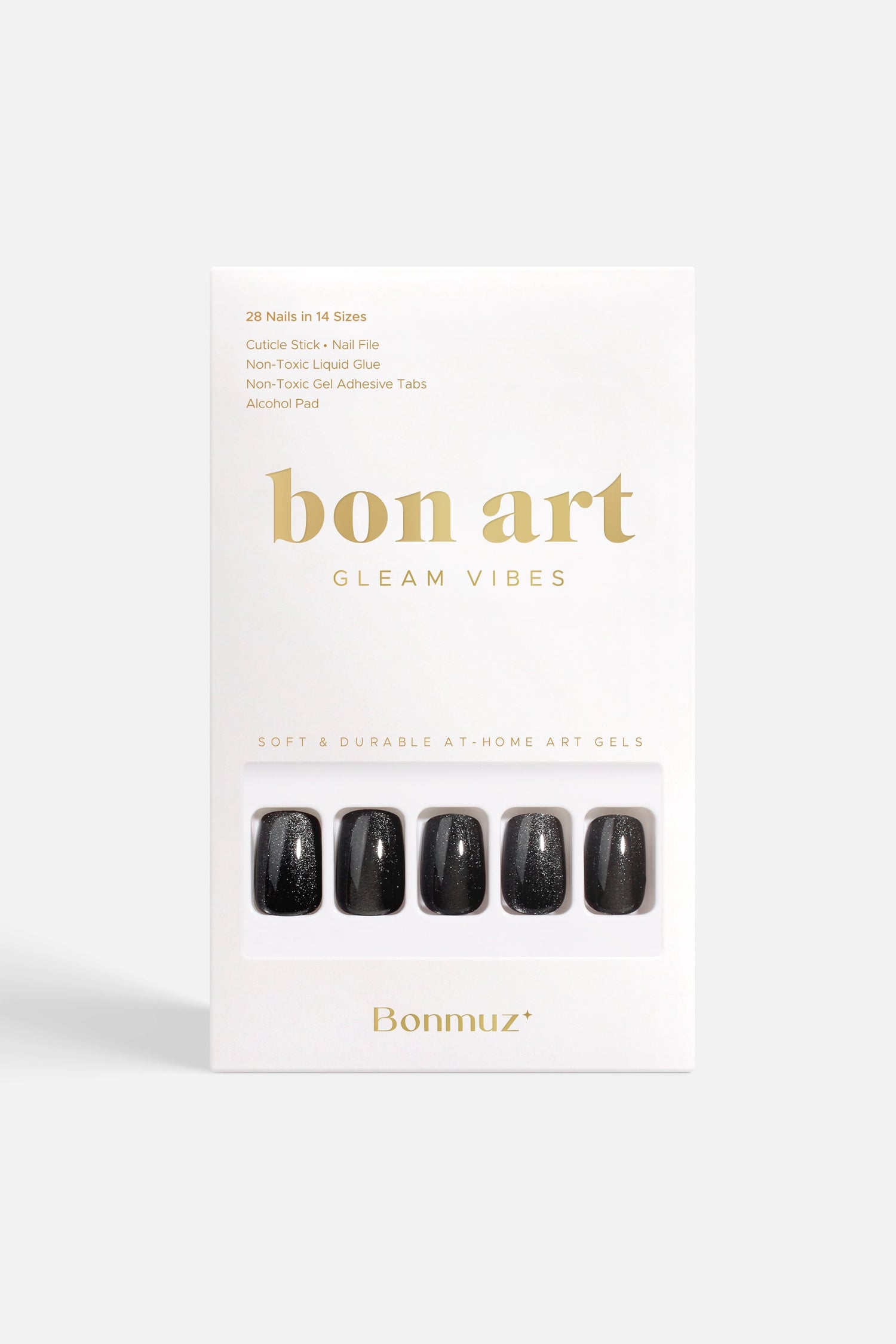Moonstone quartz press-on nails, dark charcoal glitter finish, short oval tips