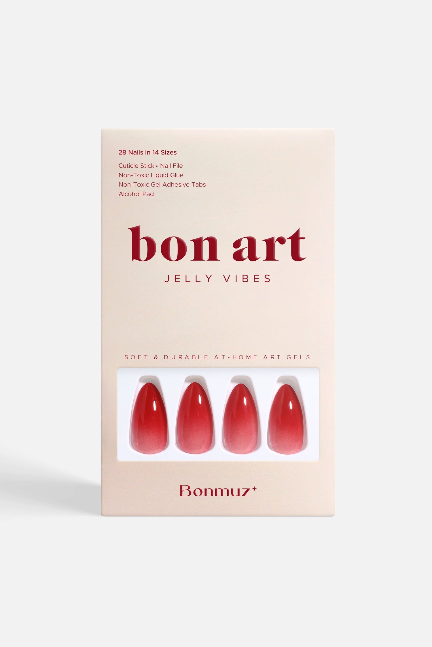 Press-on nail set box with glossy red long oval press-on nails