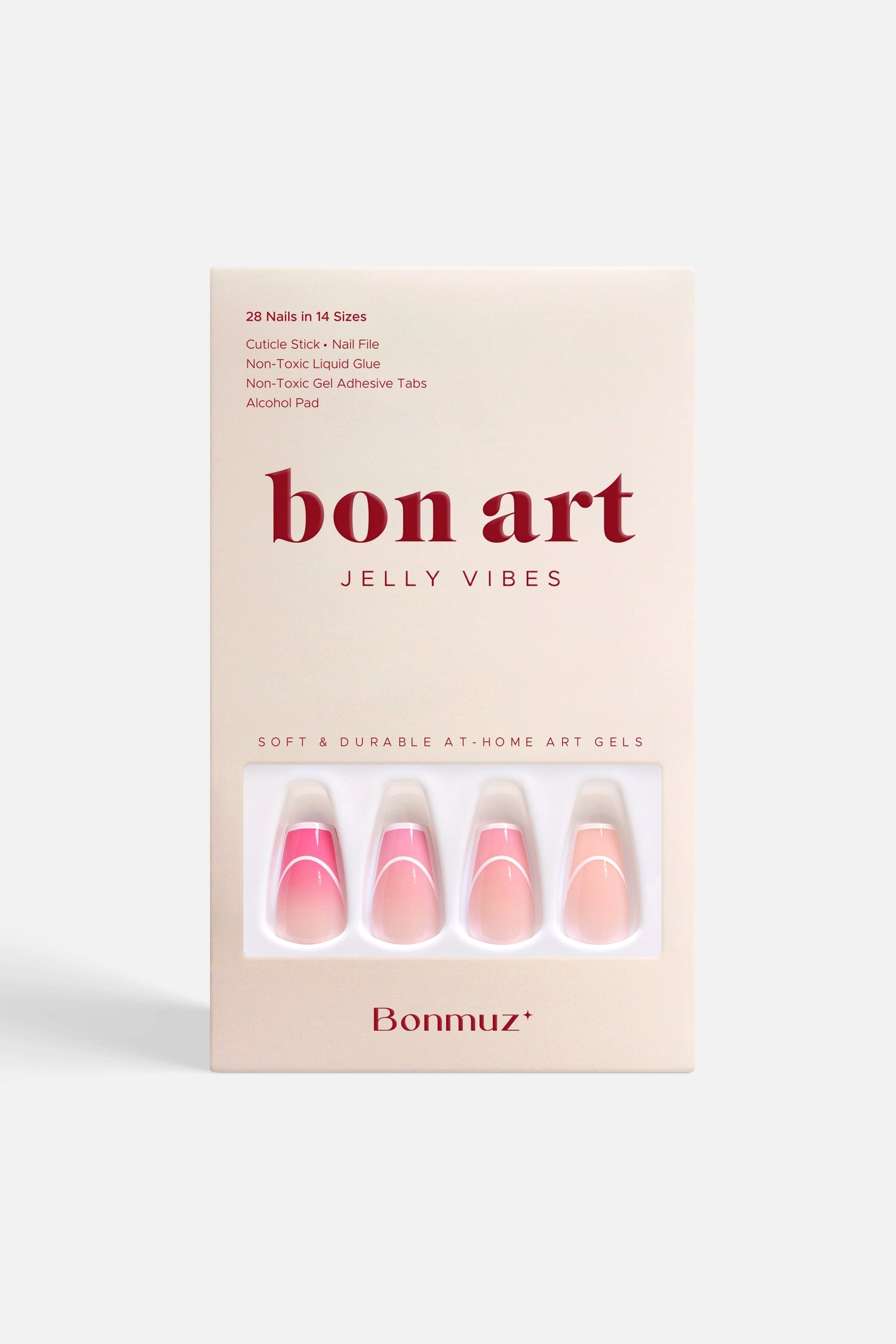 Press-on nail set box with soft pink oval nails and hot-pink curved French tips