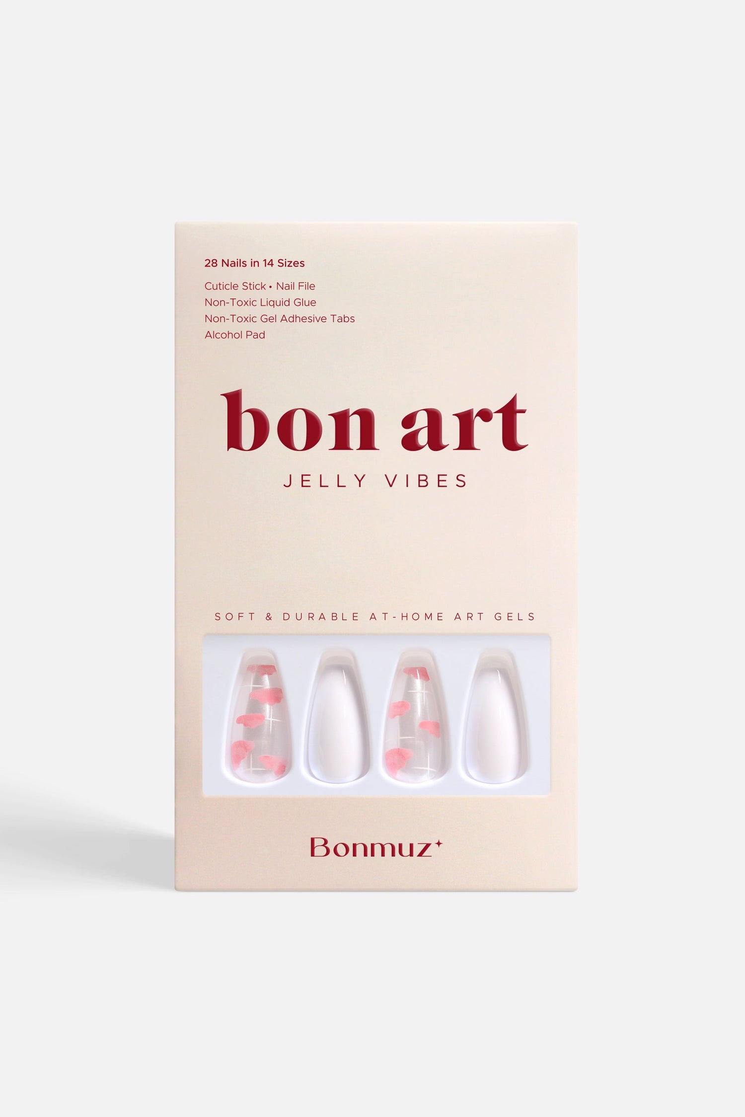 Press-on nail set box with clear, white, and pink designs