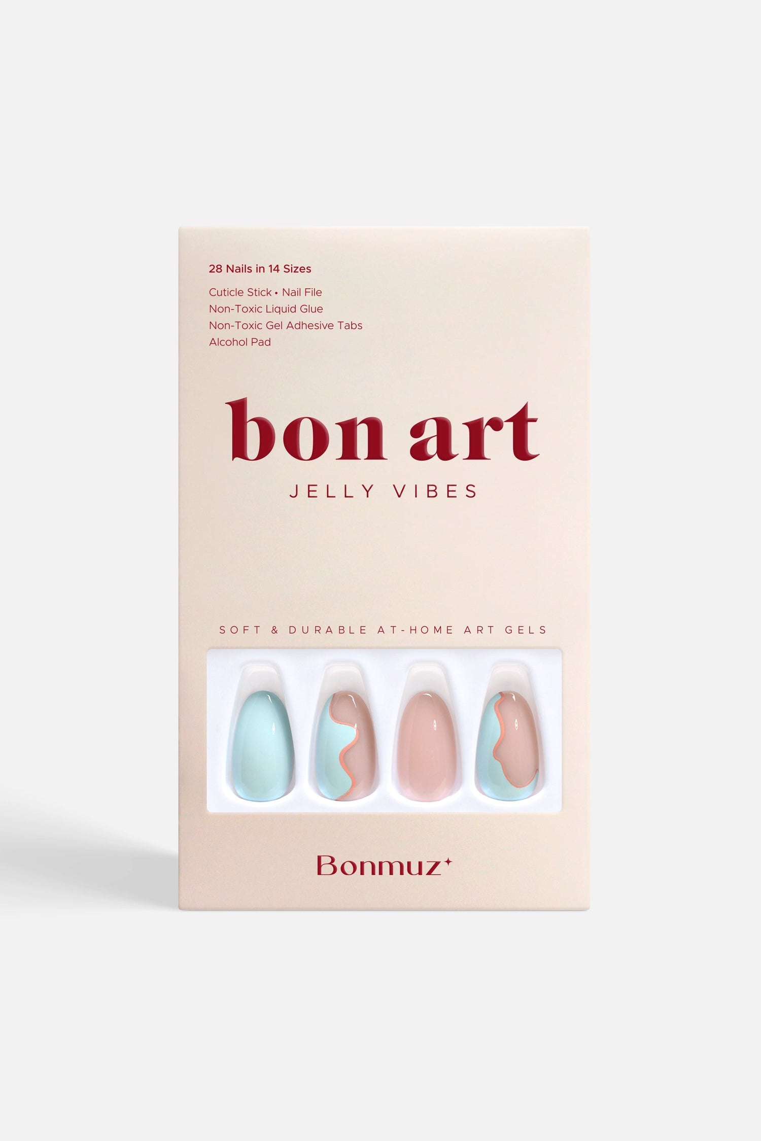 Press-on nail set box with light blue and nude jelly swirl designs