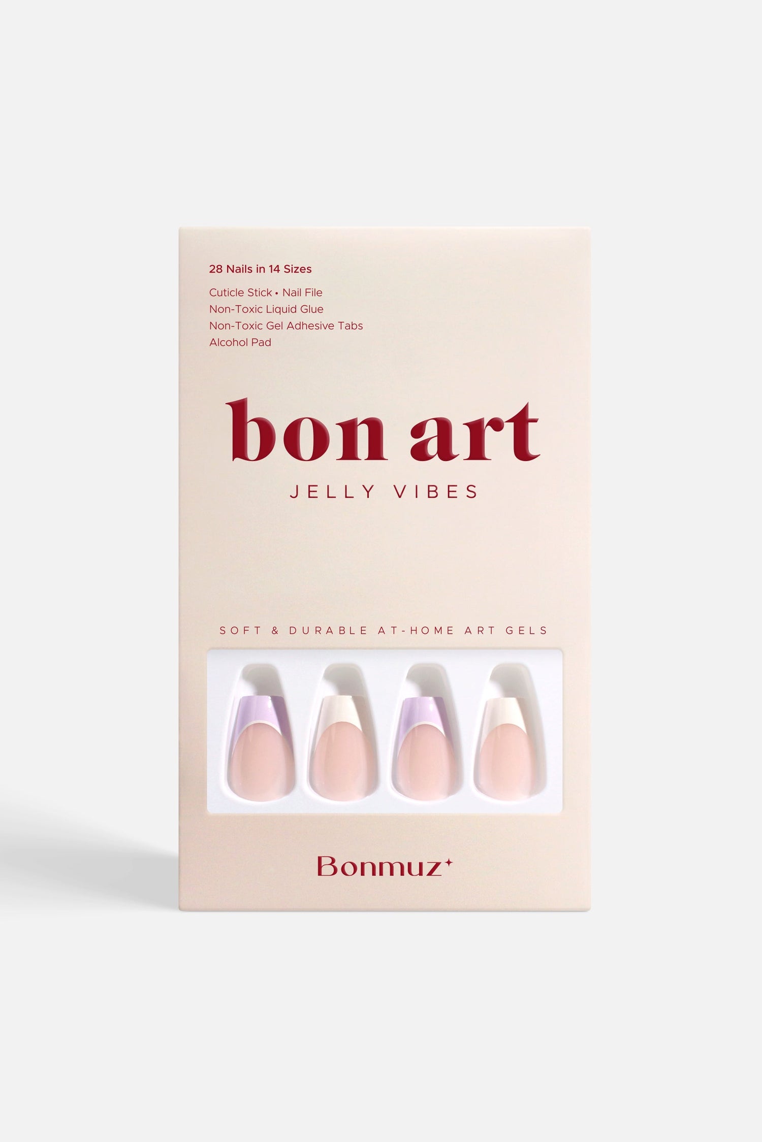 Bonart jelly vibes press-on nails box, soft lilac and nude half-moon design