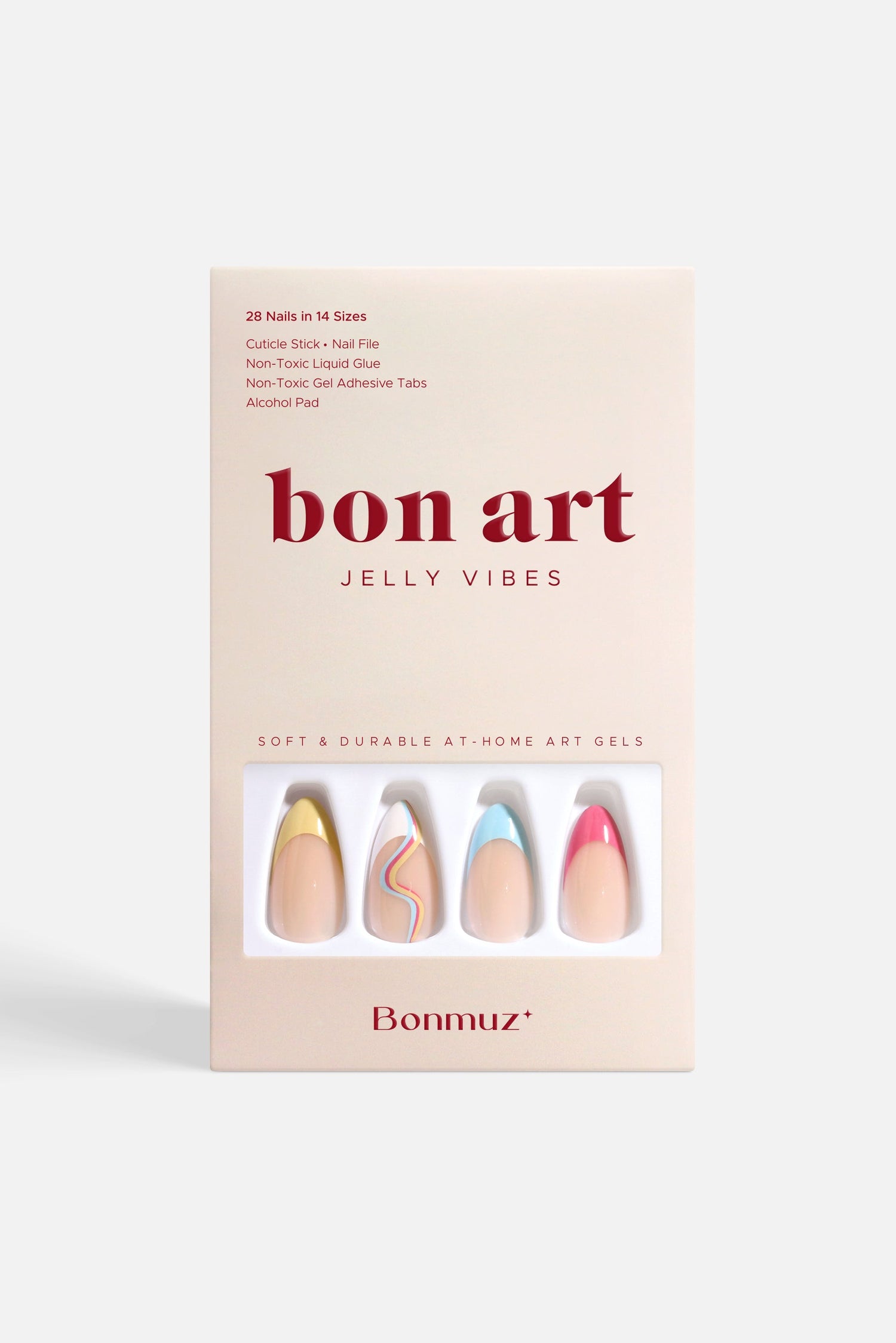 Soft press-on nail set box with pastel nude, pink, and blue swirl designs
