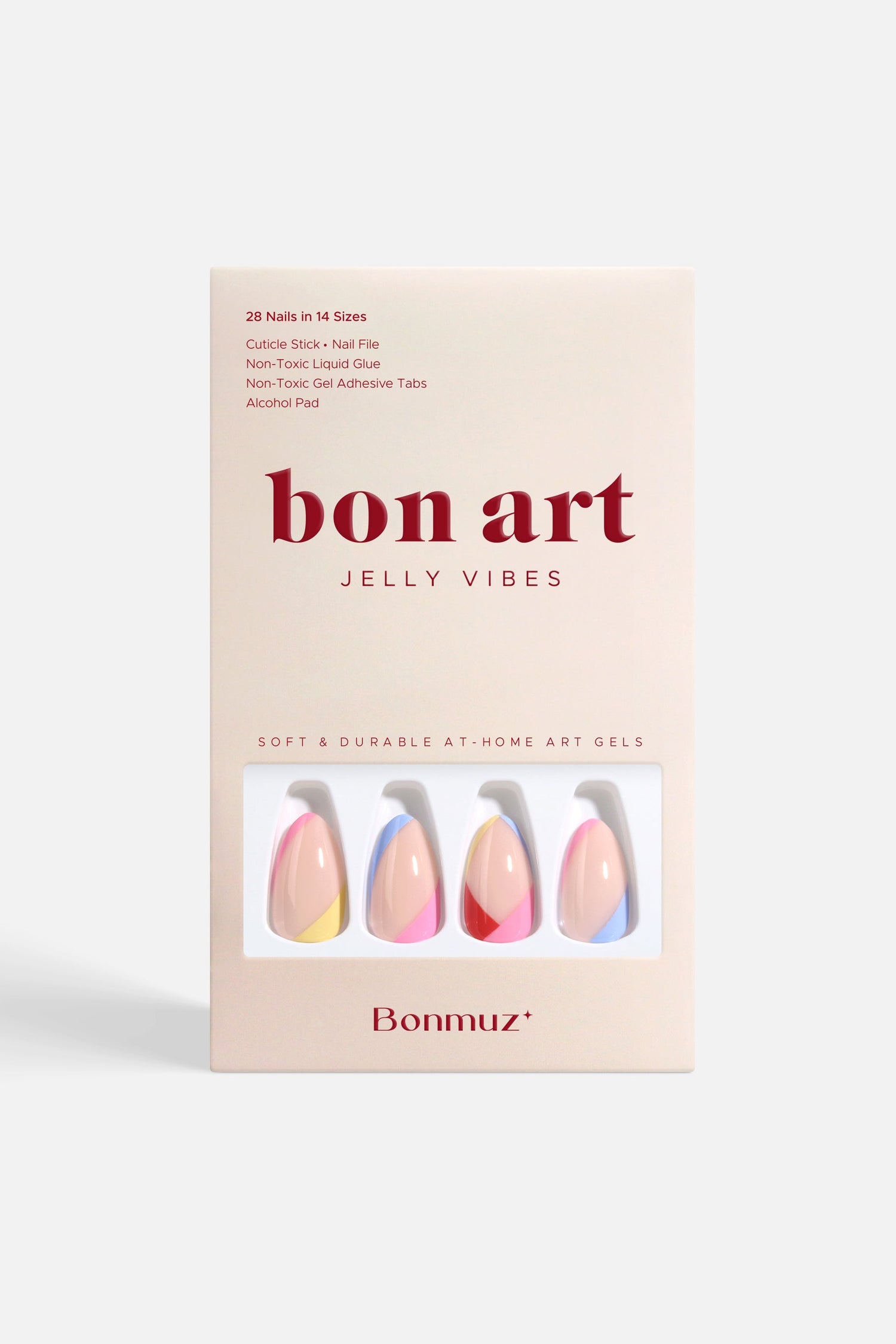 Press-on nail set box with pastel oval nails in pink, yellow, blue, and green