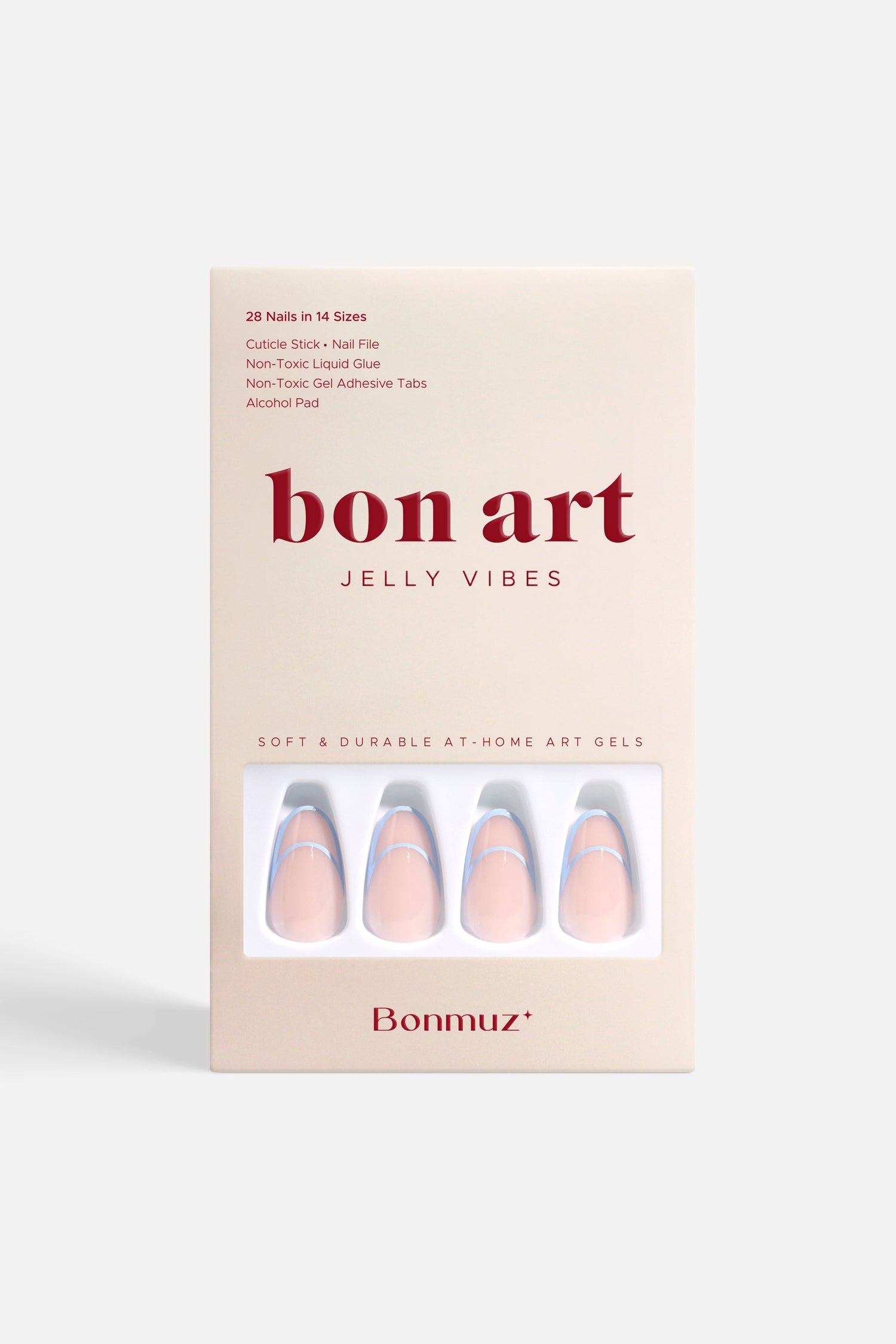Cornflower crescent press-on nail set in box, pastel blue and pink crescent design