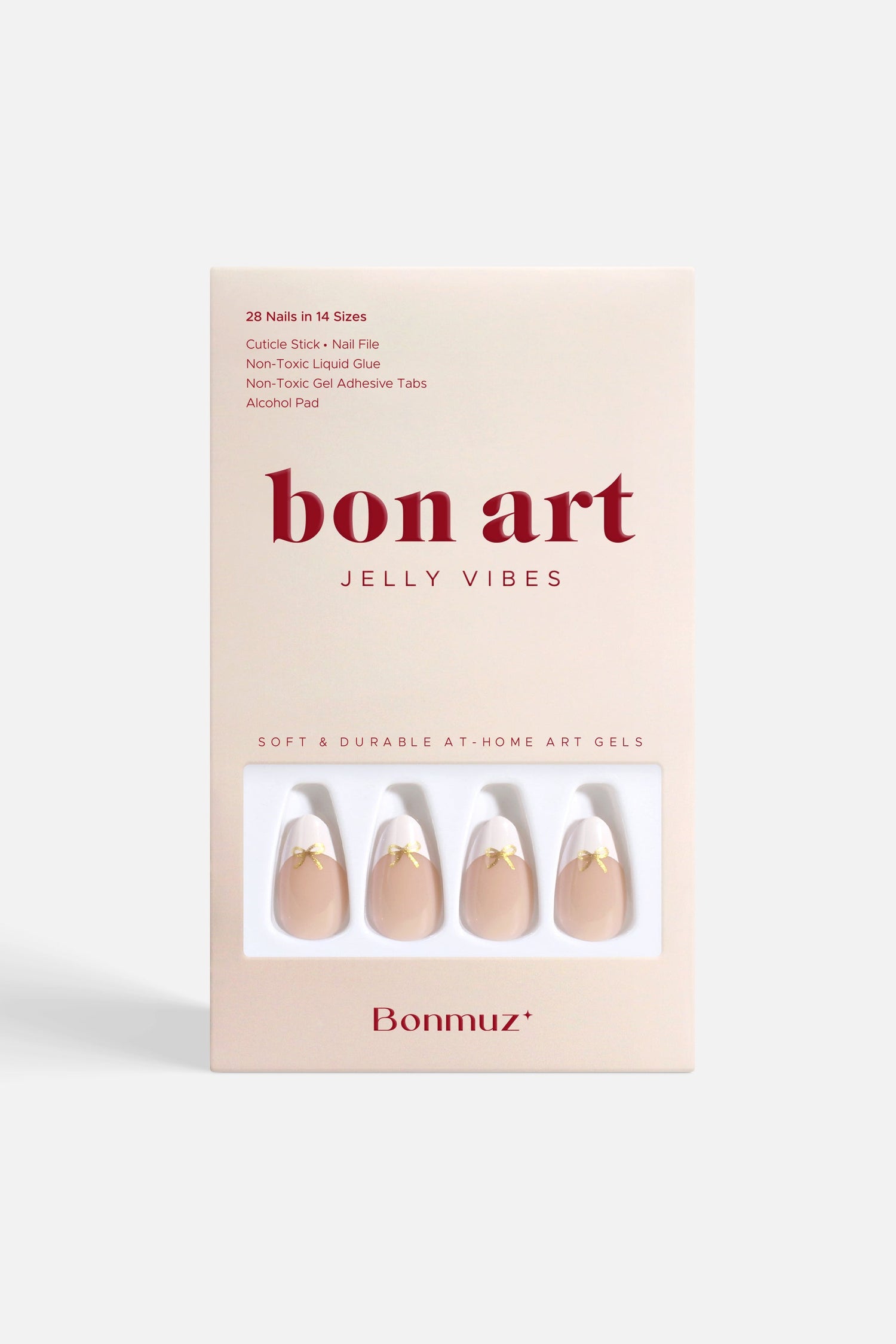 Bonart Jelly Vibes press-on nail set box with four nude nail designs