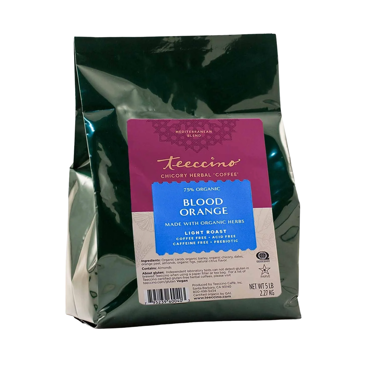 Blood Orange chicory herbal coffee bag, back label, 5 lb (2.25 kg)
