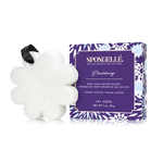 Blackberry body wash buffer in purple box with white flower-shaped sponge