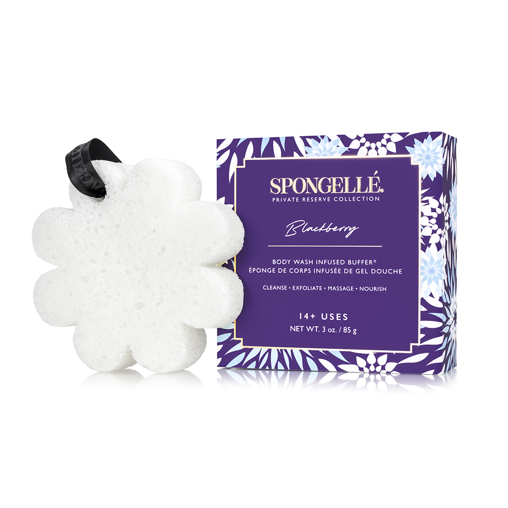 Blackberry body wash buffer in purple box with white flower-shaped sponge