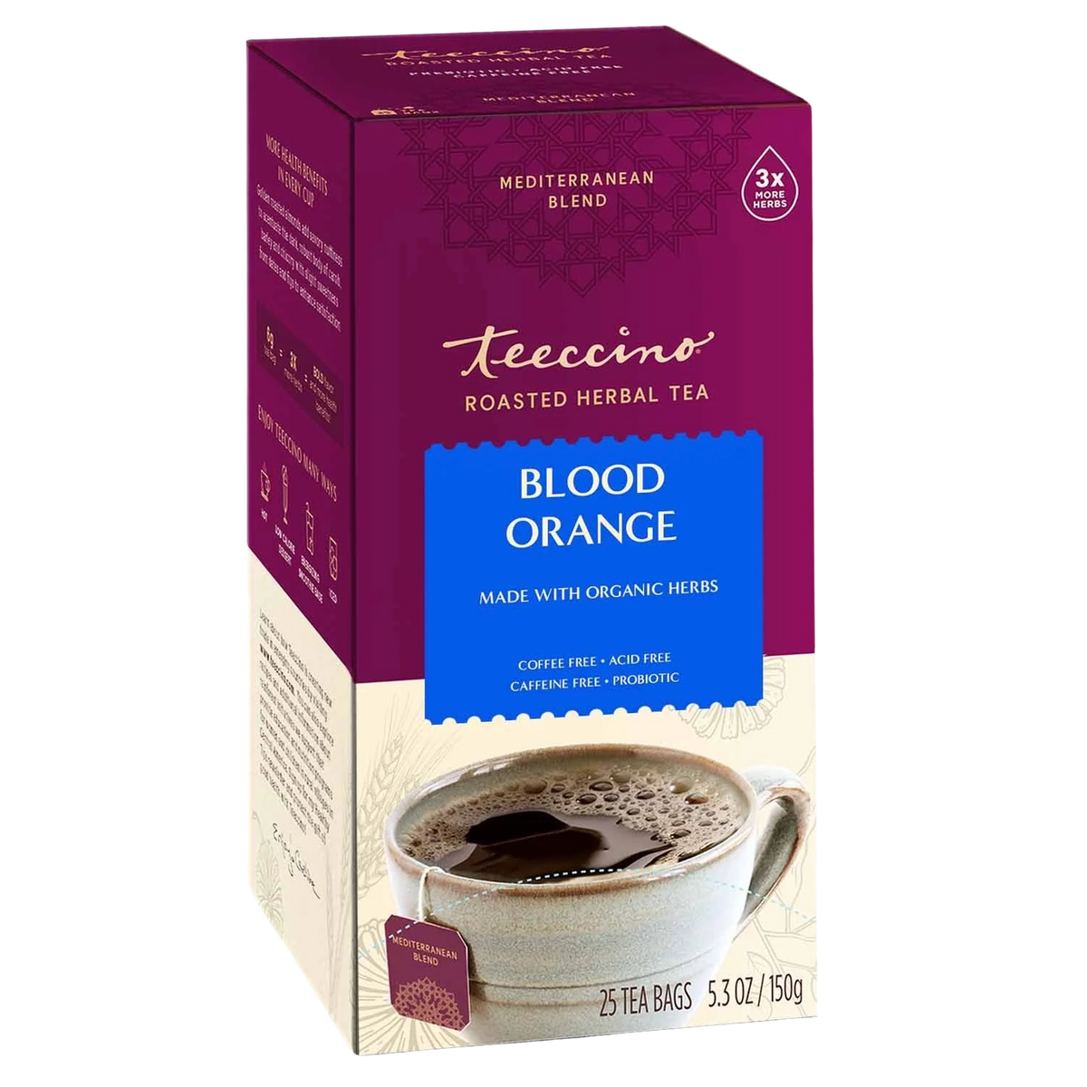 Roasted herbal tea box labeled Blood Orange; 25 tea bags, 3x more promise