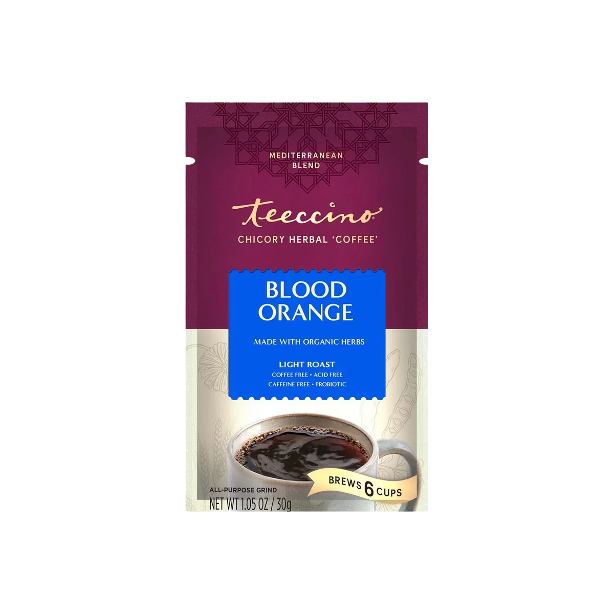 Blood Orange chicory herbal coffee pouch, brews 6 cups, light roast, 10.5 oz