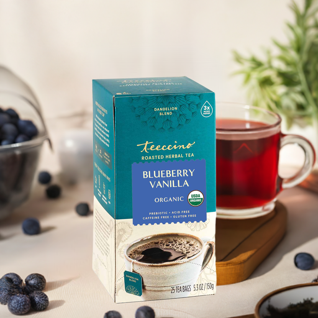 Roasted dandelion herbal tea box with cup, blueberry vanilla flavor, organic, 25 tea bags