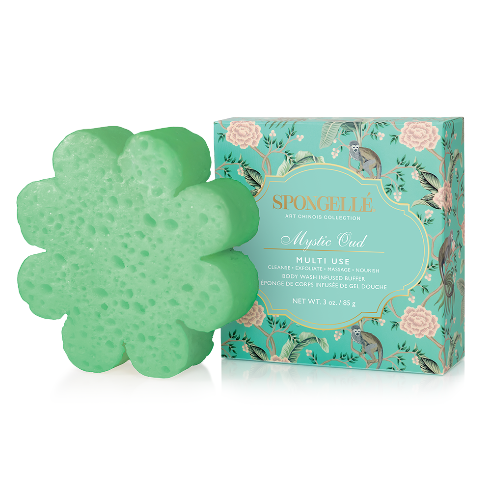 Green flower-shaped body buffer sponge with foaming texture, for cleansing and massage