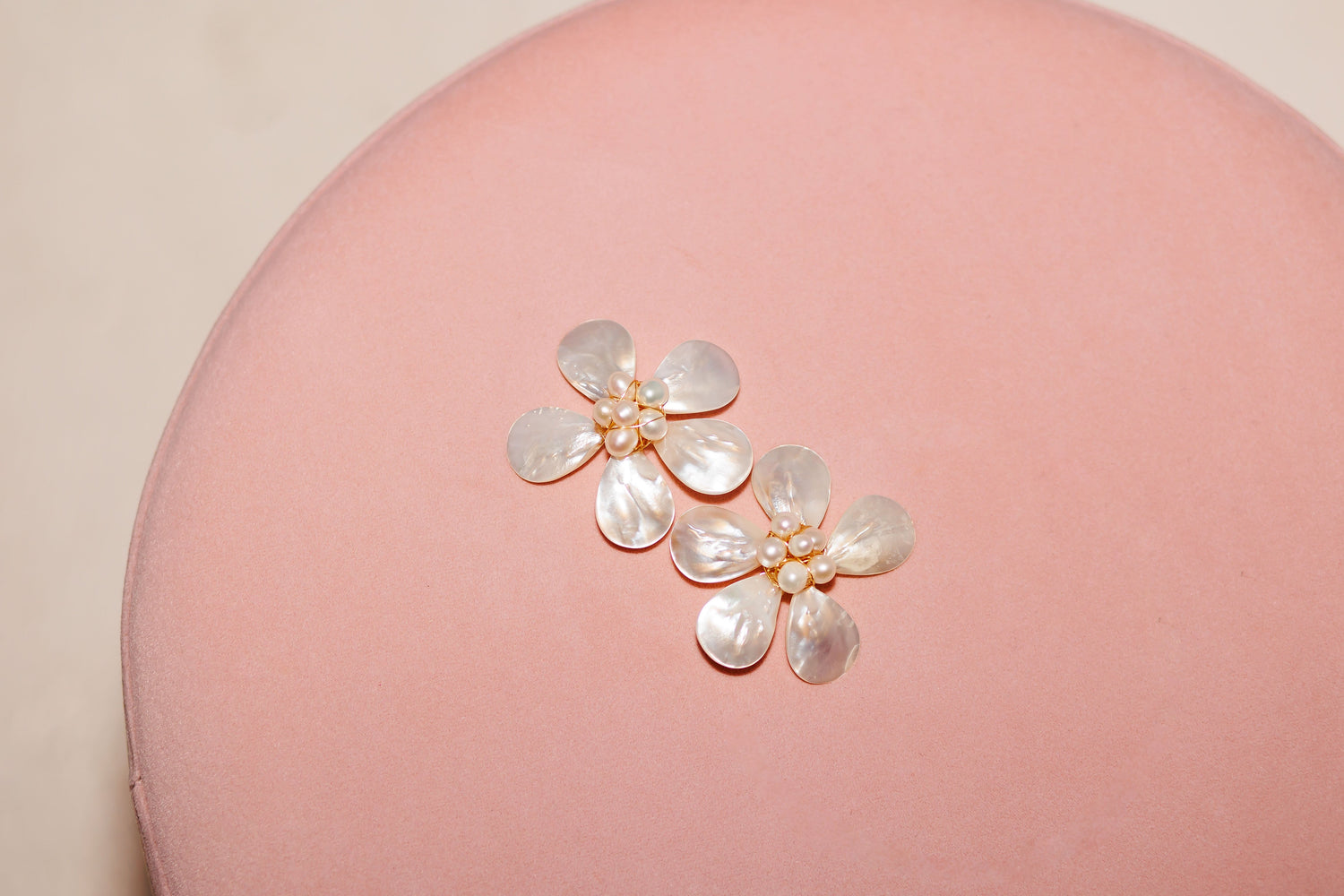 Bridal magnolia stud earrings, white petal blooms with pearl centers