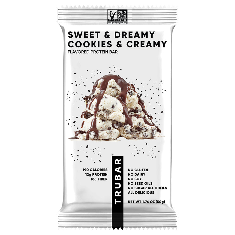Plant-based protein bar pouch with cookies & cream graphic drizzle and chocolate crumbs