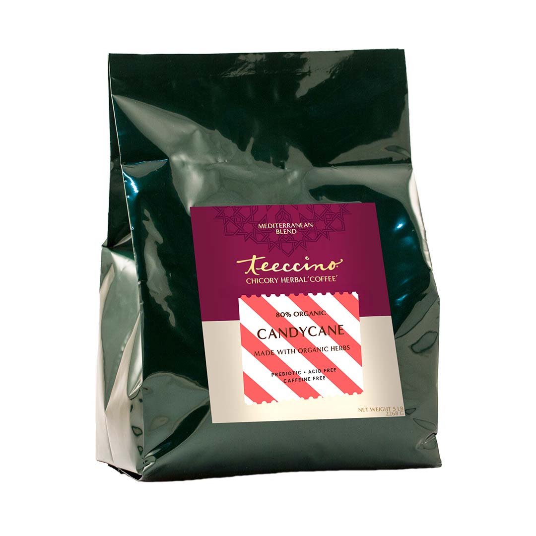 Foil coffee bag with maroon-and-red label for Candycane chicory herbal coffee blend