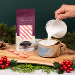 Chicory herbal coffee bag with candycane label; white coffee pouring into mug