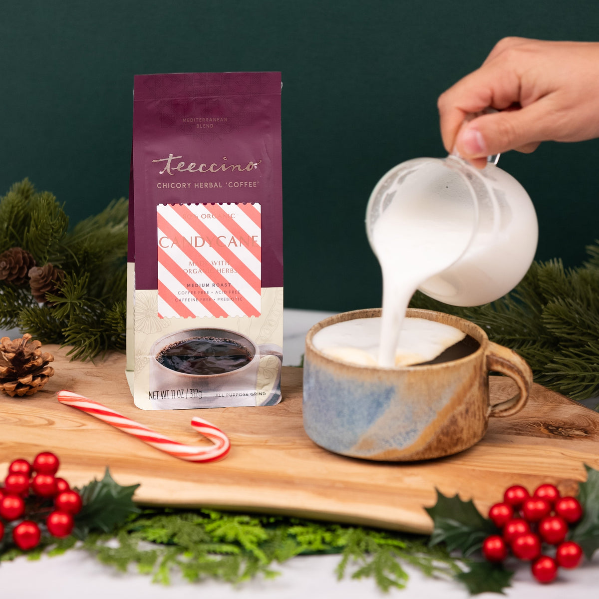 Chicory herbal coffee bag with candycane label; white coffee pouring into mug