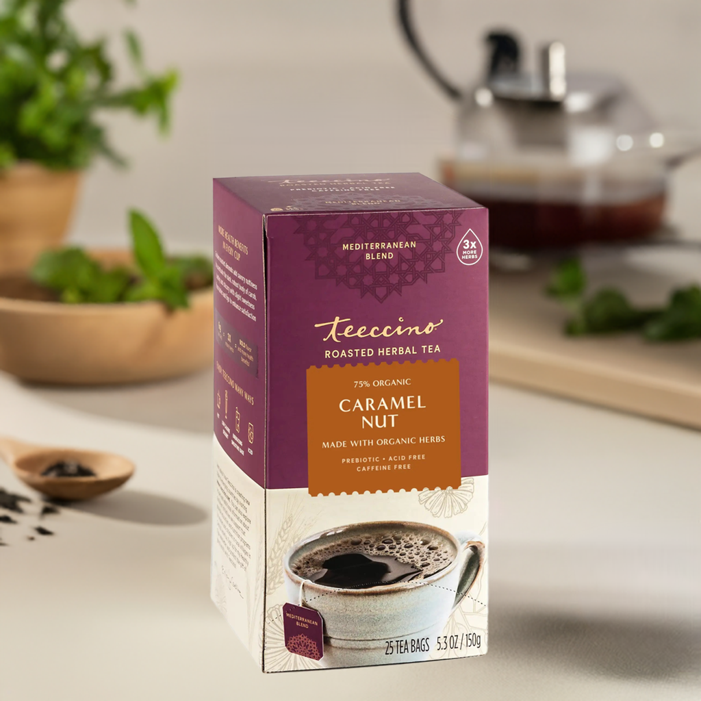 Teecino Mediterranean Blend herbal tea box, Caramel Nut, 25 tea bags.