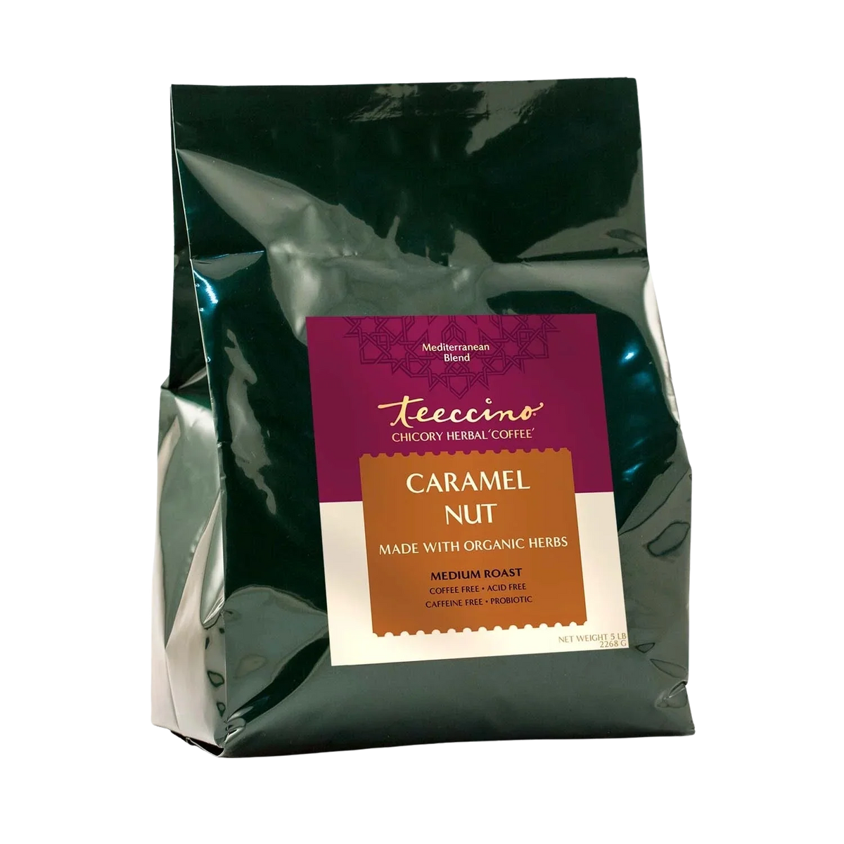 Caramel nut herbal coffee pouch, dark glossy bag backing with label