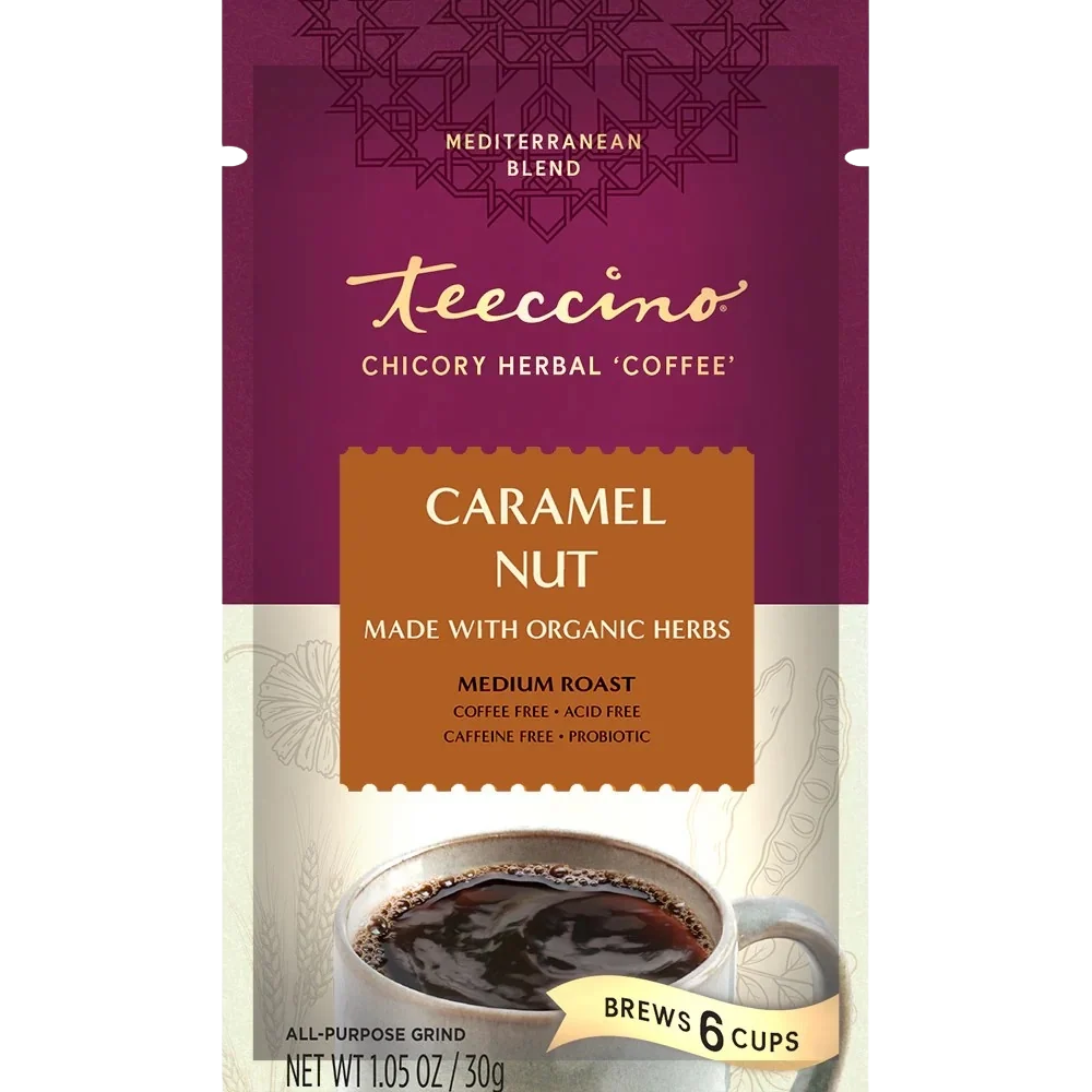Caramel nut chicory herbal coffee pouch, brews 6 cups, medium roast