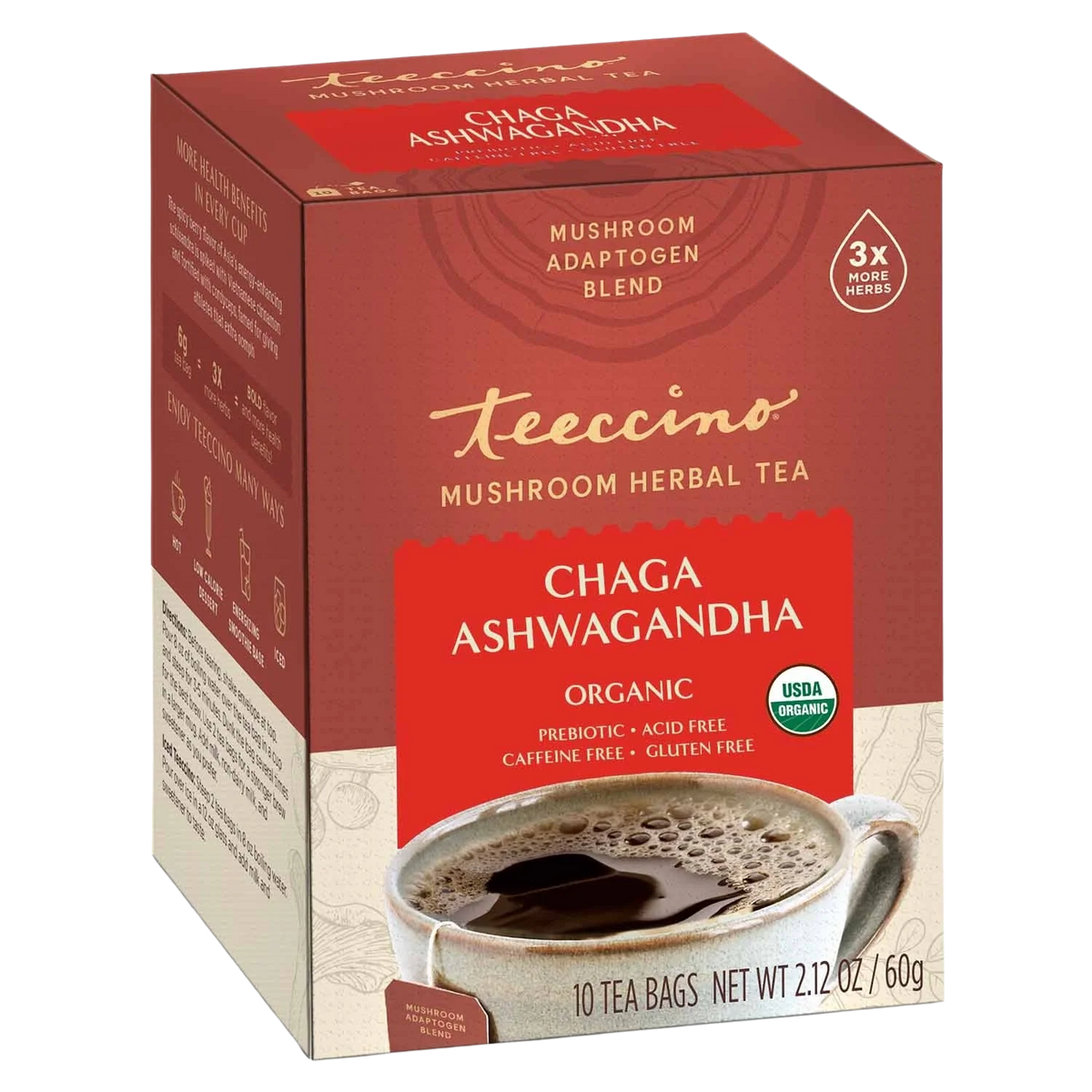 Side view of Chaga Ashwagandha mushroom herbal tea box with red USDA organic badge