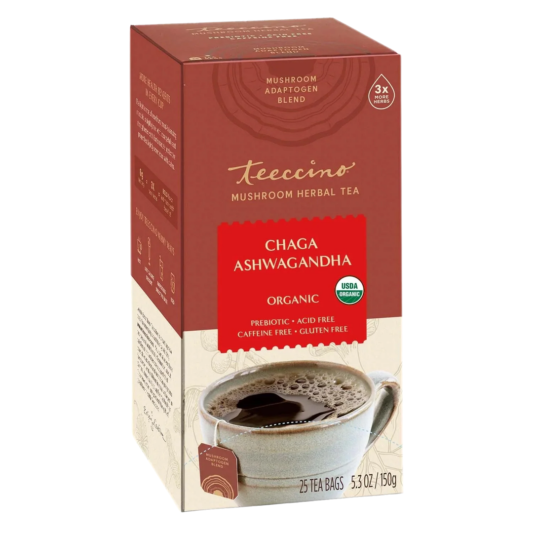 Mushroom herbal tea box with Chaga Ashwagandha organic blend, 25 tea bags shown