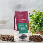 Standing prebiotic chicory herbal coffee pouch, light roast chocolate peppermint label